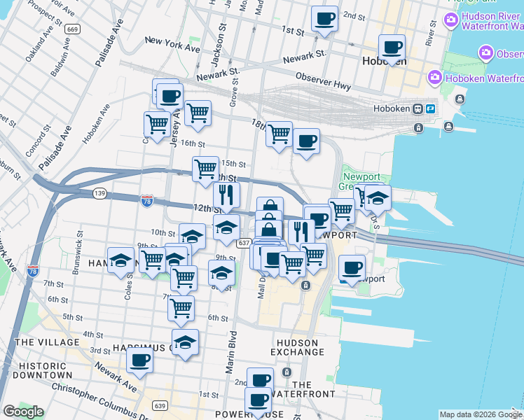 map of restaurants, bars, coffee shops, grocery stores, and more near 60 Mall Drive East in Jersey City
