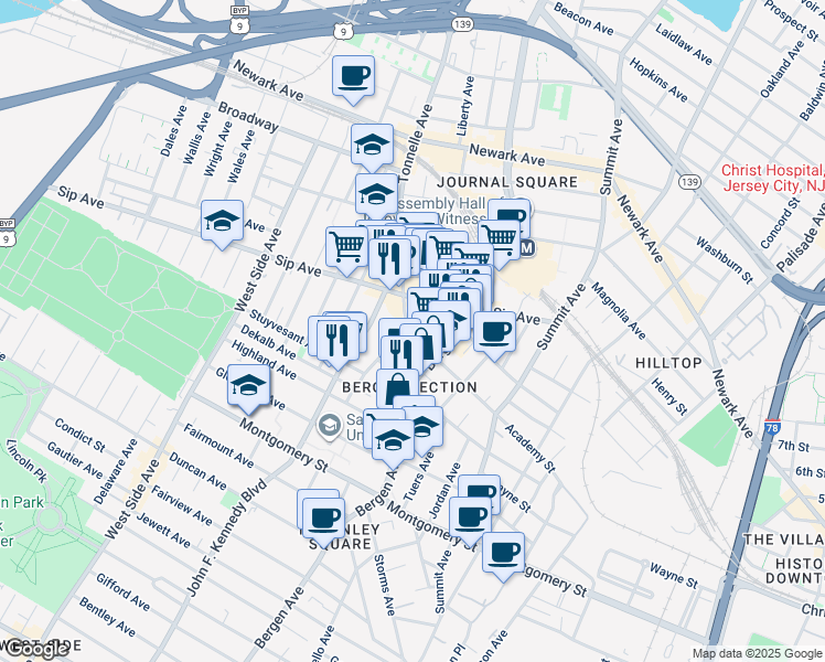 map of restaurants, bars, coffee shops, grocery stores, and more near 871 Bergen Avenue in Jersey City