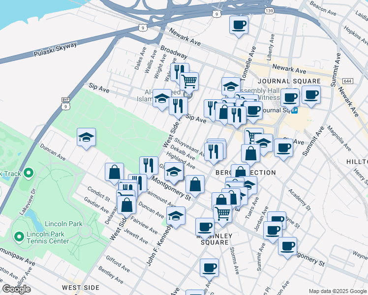 map of restaurants, bars, coffee shops, grocery stores, and more near 142 Highland Avenue in Jersey City