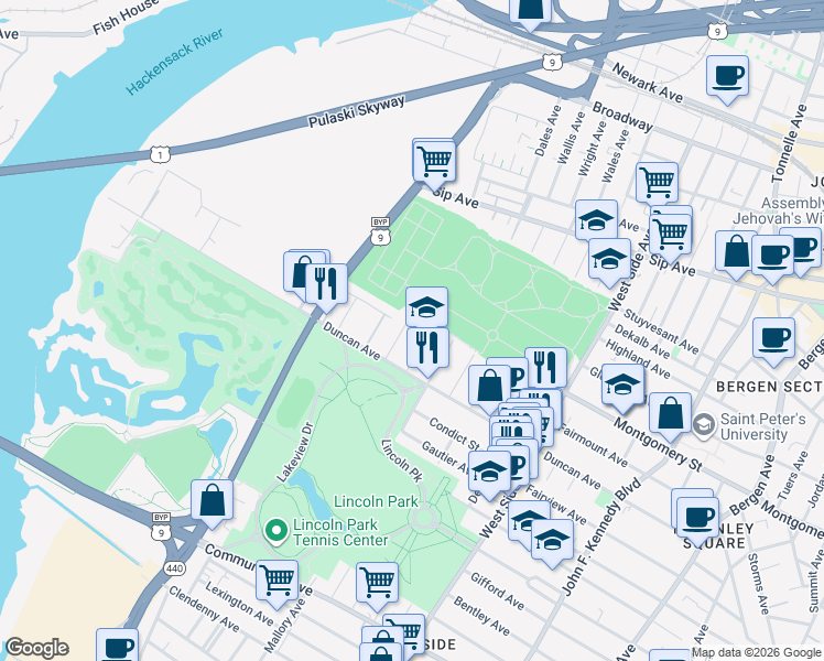 map of restaurants, bars, coffee shops, grocery stores, and more near 198 Freeman Avenue in Jersey City