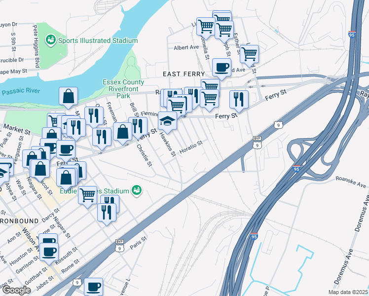 map of restaurants, bars, coffee shops, grocery stores, and more near 58 Hawkins Street in Newark
