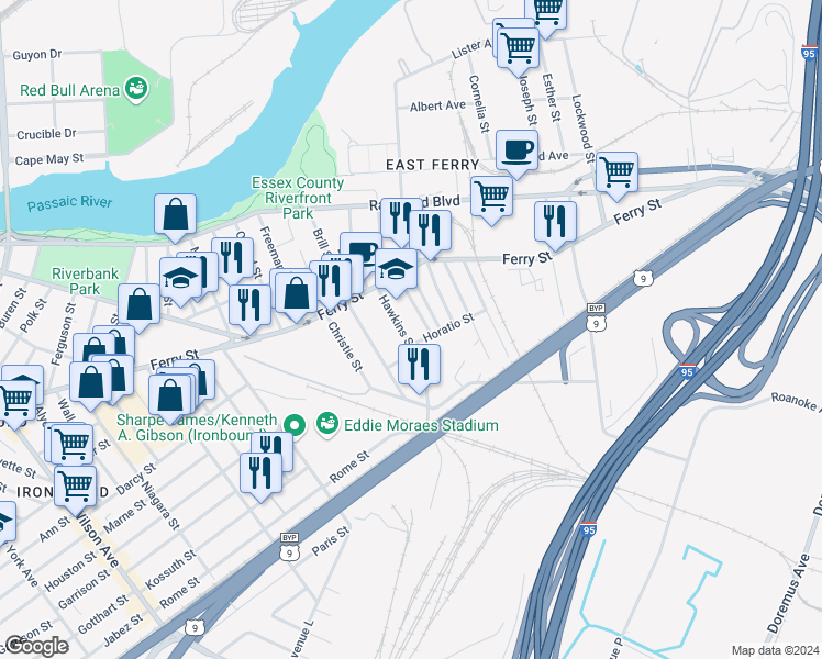 map of restaurants, bars, coffee shops, grocery stores, and more near 58 Hawkins Street in Newark