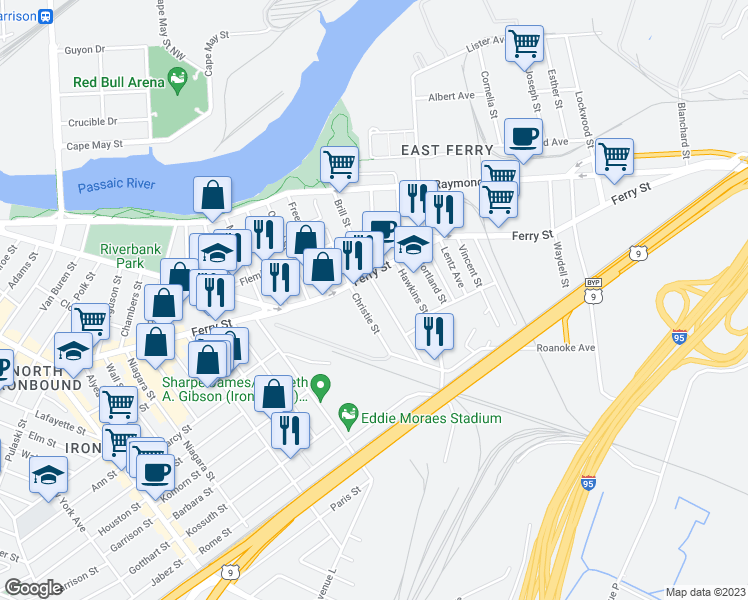 map of restaurants, bars, coffee shops, grocery stores, and more near 122 Christie Street in Newark