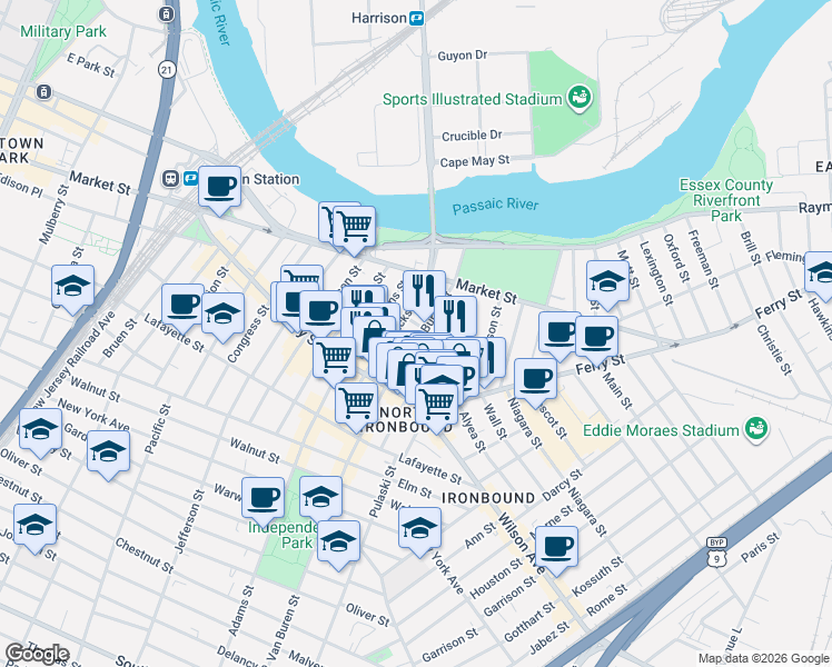 map of restaurants, bars, coffee shops, grocery stores, and more near 99 Polk Street in Newark
