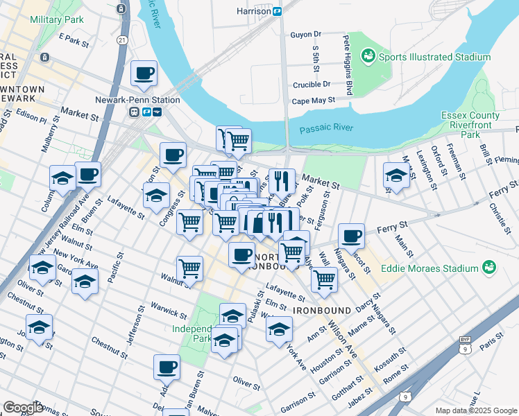 map of restaurants, bars, coffee shops, grocery stores, and more near 94 Jackson Street in Newark