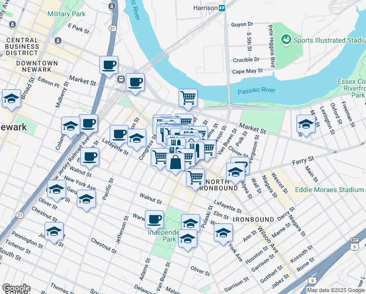 map of restaurants, bars, coffee shops, grocery stores, and more near 86 Monroe Street in Newark