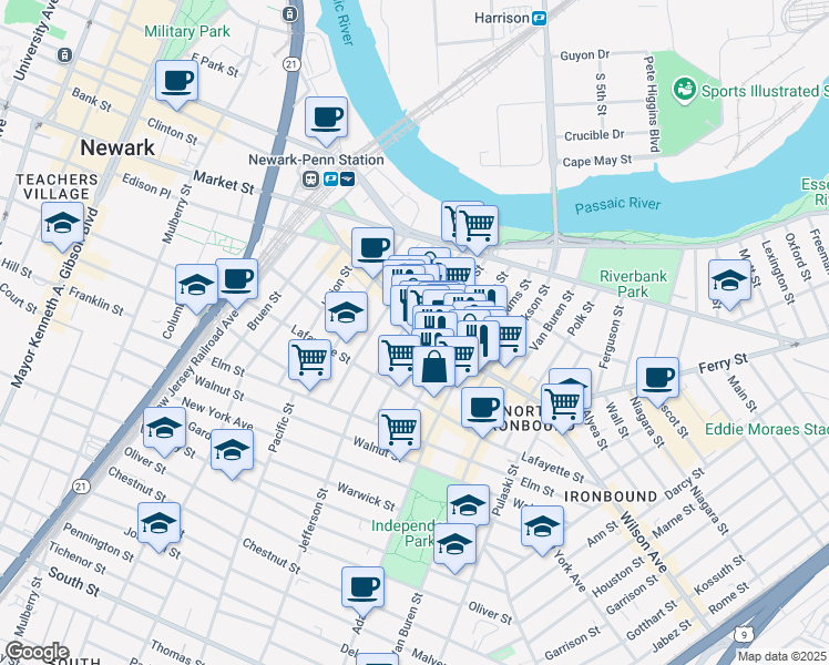 map of restaurants, bars, coffee shops, grocery stores, and more near 86 Monroe Street in Newark
