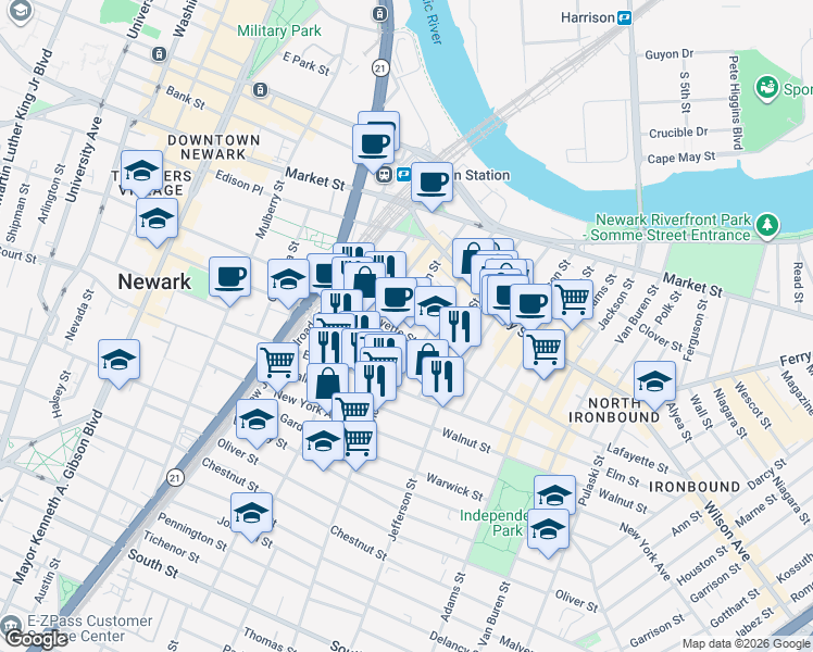 map of restaurants, bars, coffee shops, grocery stores, and more near 117 Prospect Street in Newark