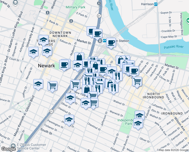 map of restaurants, bars, coffee shops, grocery stores, and more near 166 Green Street in Newark