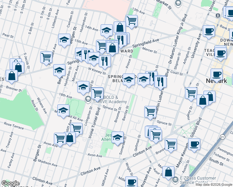 map of restaurants, bars, coffee shops, grocery stores, and more near 205 Prince Street in Newark