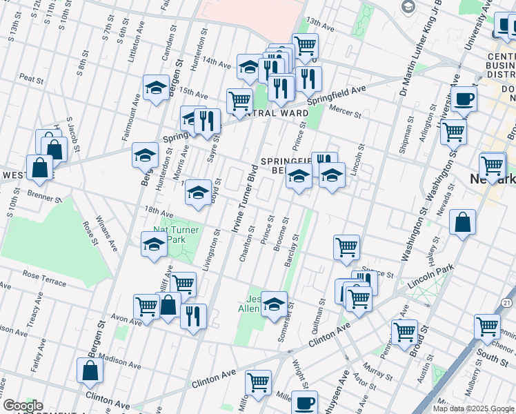 map of restaurants, bars, coffee shops, grocery stores, and more near 205 Prince Street in Newark