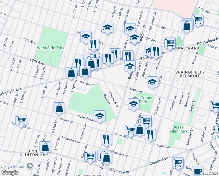 map of restaurants, bars, coffee shops, grocery stores, and more near 45 Winans Avenue in Newark