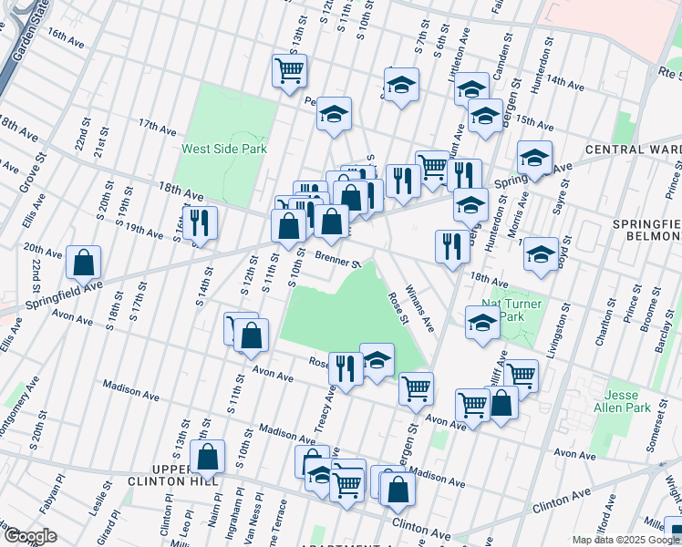 map of restaurants, bars, coffee shops, grocery stores, and more near 38 Kent Street in Newark