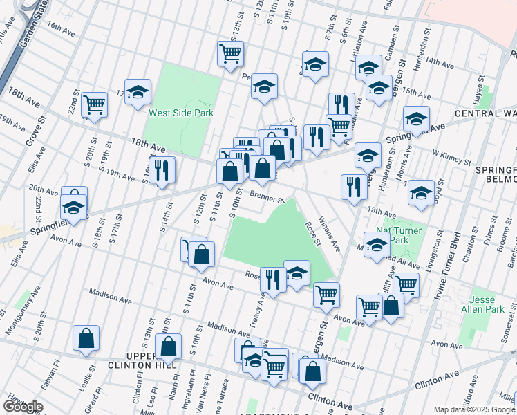 map of restaurants, bars, coffee shops, grocery stores, and more near 60 Kent Street in Newark