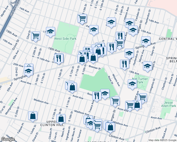 map of restaurants, bars, coffee shops, grocery stores, and more near 60 Kent Street in Newark