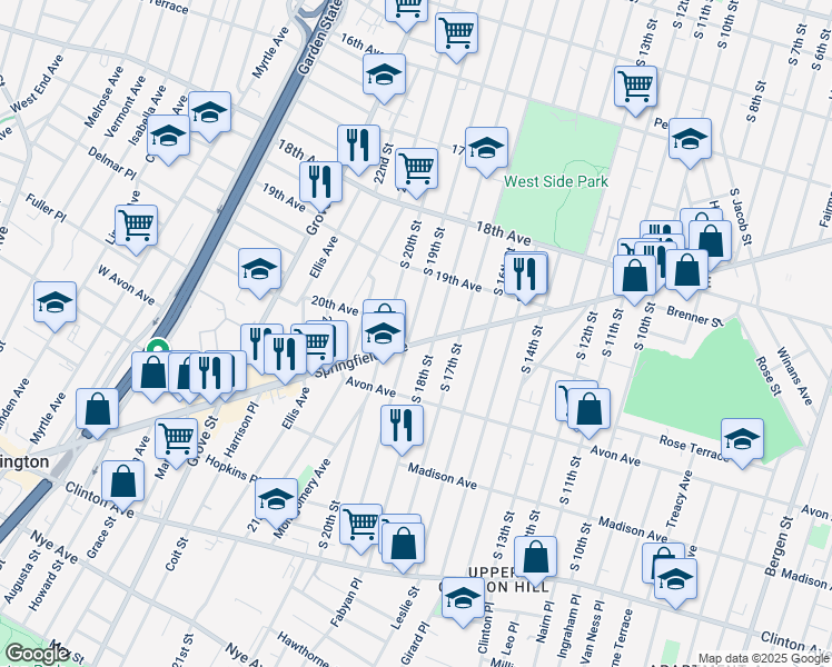 map of restaurants, bars, coffee shops, grocery stores, and more near 762 South 18th Street in Newark