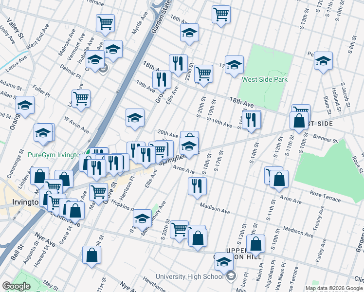 map of restaurants, bars, coffee shops, grocery stores, and more near 728 Springfield Avenue in Irvington