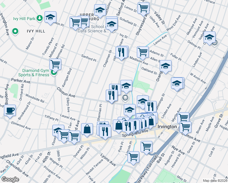 map of restaurants, bars, coffee shops, grocery stores, and more near 513 Stuyvesant Avenue in Irvington