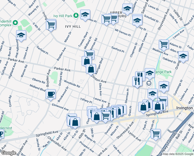 map of restaurants, bars, coffee shops, grocery stores, and more near 58 Ellery Avenue in Irvington