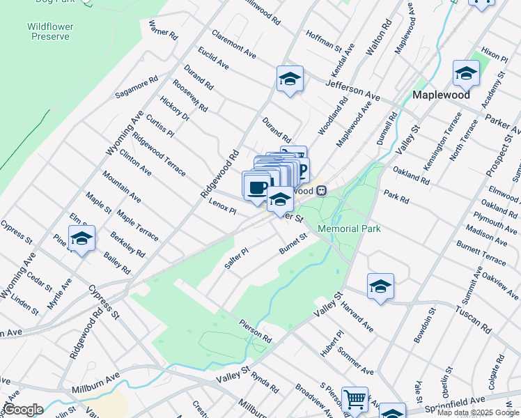 map of restaurants, bars, coffee shops, grocery stores, and more near 70 Maple Avenue in Maplewood