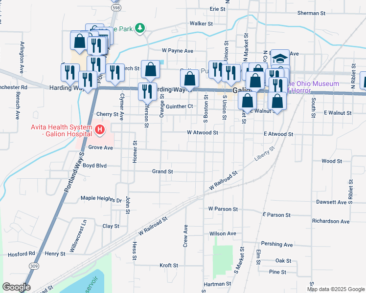 map of restaurants, bars, coffee shops, grocery stores, and more near 375 Grove Avenue in Galion