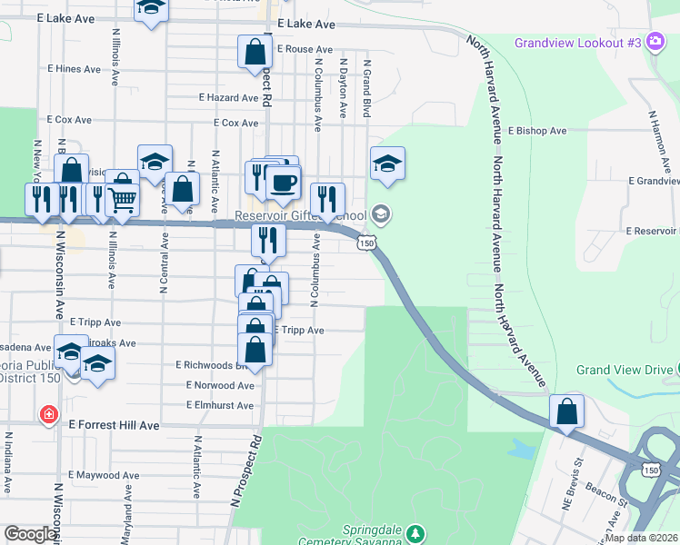 map of restaurants, bars, coffee shops, grocery stores, and more near 1508 East London Avenue in Peoria