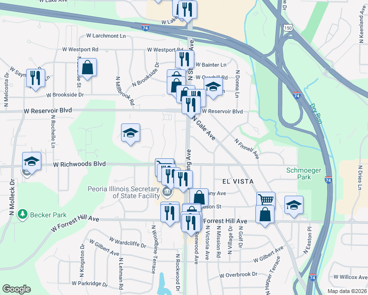 map of restaurants, bars, coffee shops, grocery stores, and more near 3413 N Sterling Ave in Peoria