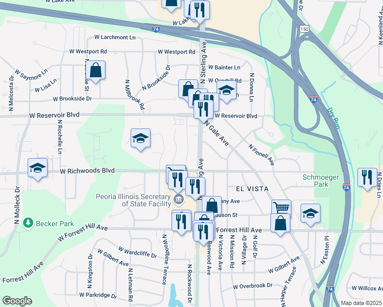 map of restaurants, bars, coffee shops, grocery stores, and more near 3413 N Sterling Ave in Peoria