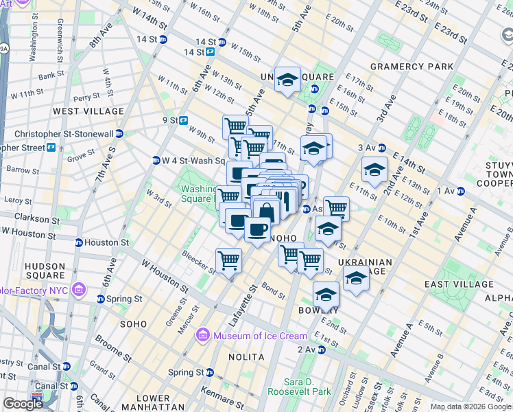 map of restaurants, bars, coffee shops, grocery stores, and more near 13 Waverly Place in New York