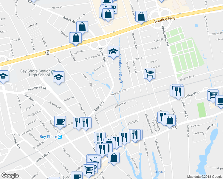 map of restaurants, bars, coffee shops, grocery stores, and more near 4 Brook Avenue in Bay Shore
