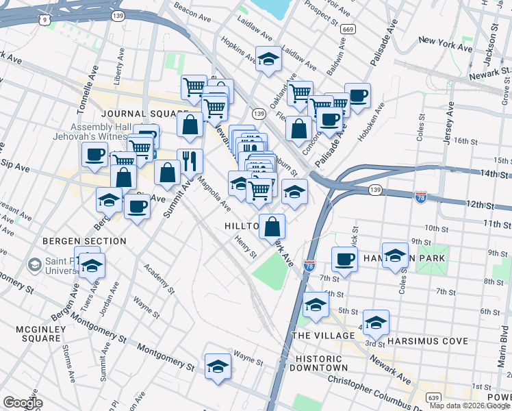 map of restaurants, bars, coffee shops, grocery stores, and more near 486 Pavonia Avenue in Jersey City