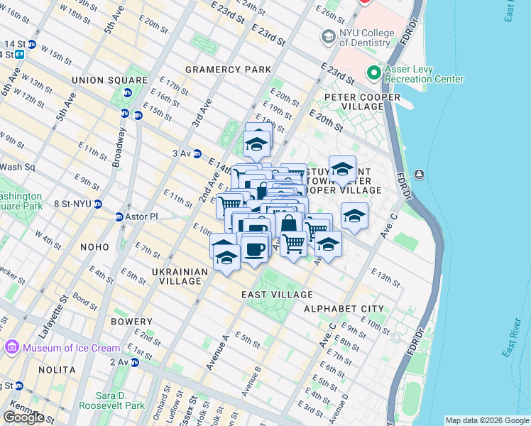 map of restaurants, bars, coffee shops, grocery stores, and more near 201 Avenue A in New York