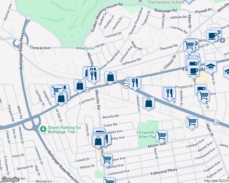map of restaurants, bars, coffee shops, grocery stores, and more near 23 Clifford Drive in Farmingdale