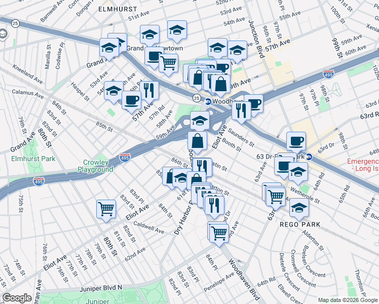 map of restaurants, bars, coffee shops, grocery stores, and more near in Queens