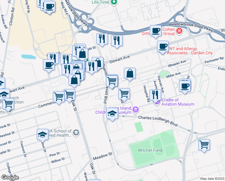map of restaurants, bars, coffee shops, grocery stores, and more near 100 Quentin Roosevelt Boulevard in Garden City