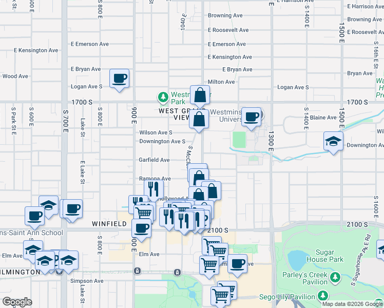 map of restaurants, bars, coffee shops, grocery stores, and more near 1839 South McClelland Street in Salt Lake City
