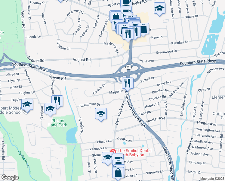 map of restaurants, bars, coffee shops, grocery stores, and more near 11 Strathmore Drive in North Babylon