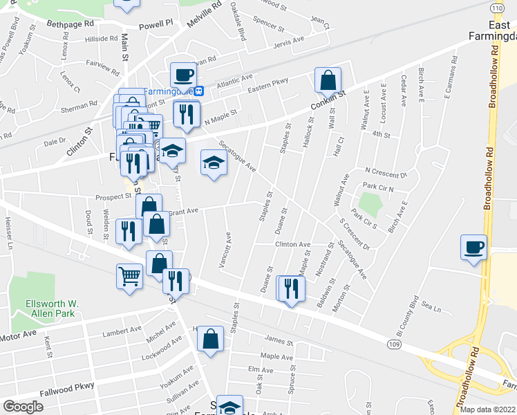 map of restaurants, bars, coffee shops, grocery stores, and more near 240 Staples Street in Farmingdale