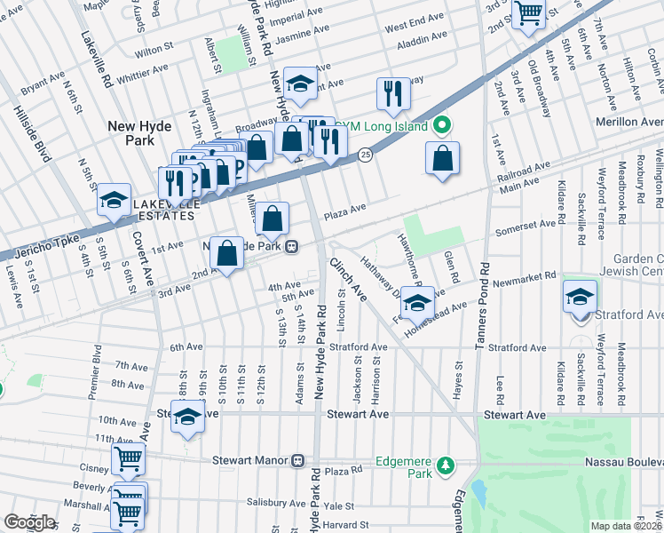 map of restaurants, bars, coffee shops, grocery stores, and more near 166 Lincoln Street in Garden City