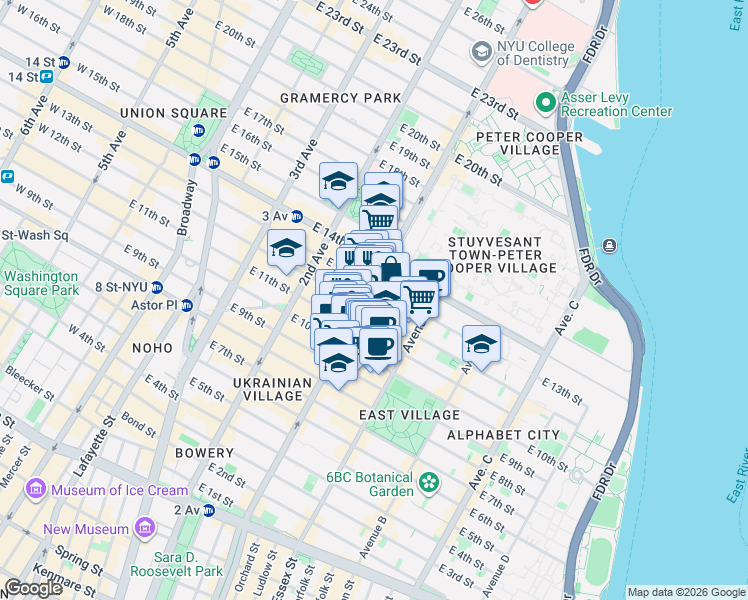 map of restaurants, bars, coffee shops, grocery stores, and more near 200 1st Avenue in New York