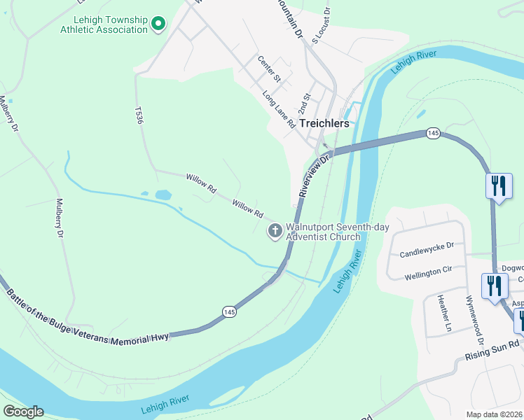 map of restaurants, bars, coffee shops, grocery stores, and more near 243 Willow Road in Walnutport