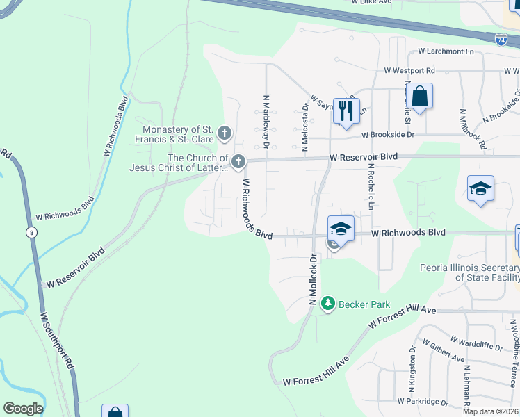 map of restaurants, bars, coffee shops, grocery stores, and more near 3500 N Marbleway Dr in Peoria