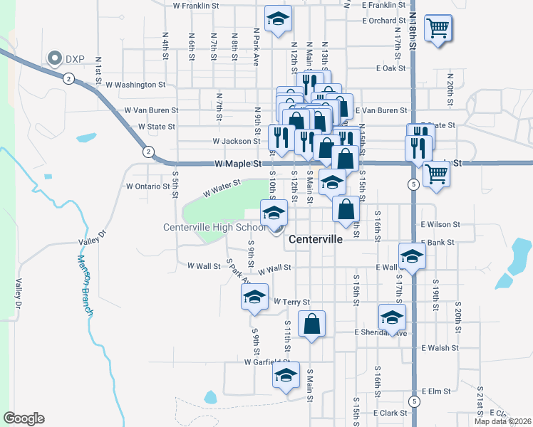map of restaurants, bars, coffee shops, grocery stores, and more near 400-498 W Lane St in Centerville