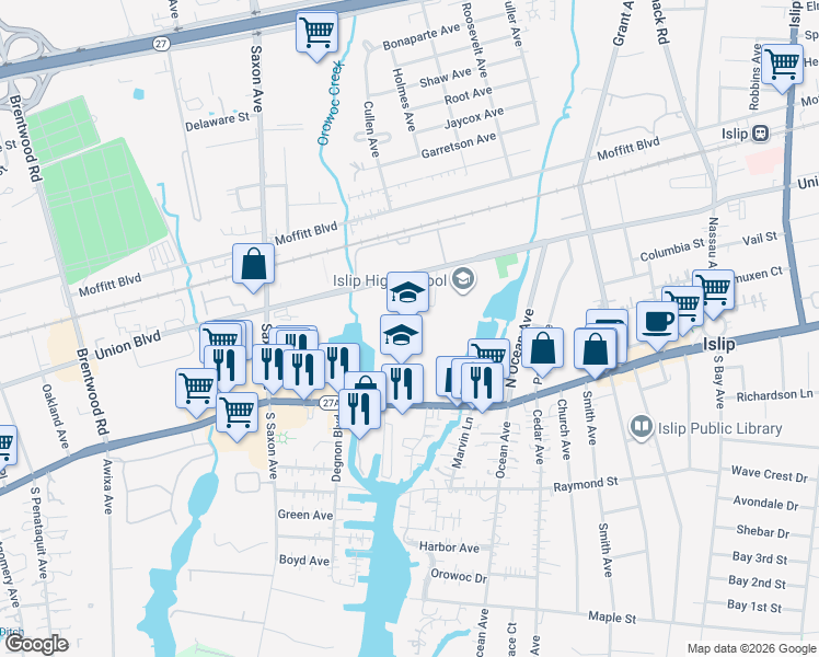 map of restaurants, bars, coffee shops, grocery stores, and more near 2508 Union Boulevard in Islip