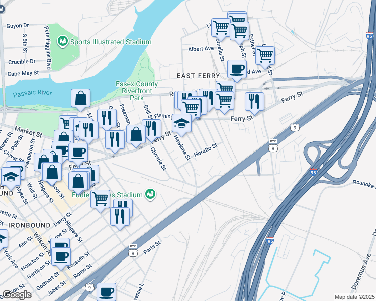 map of restaurants, bars, coffee shops, grocery stores, and more near 58 Hawkins Street in Newark