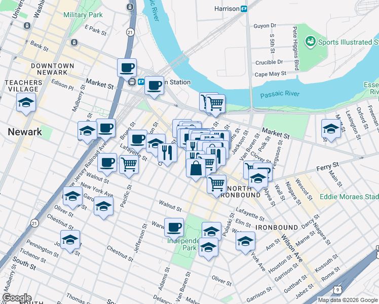 map of restaurants, bars, coffee shops, grocery stores, and more near 86 Monroe Street in Newark