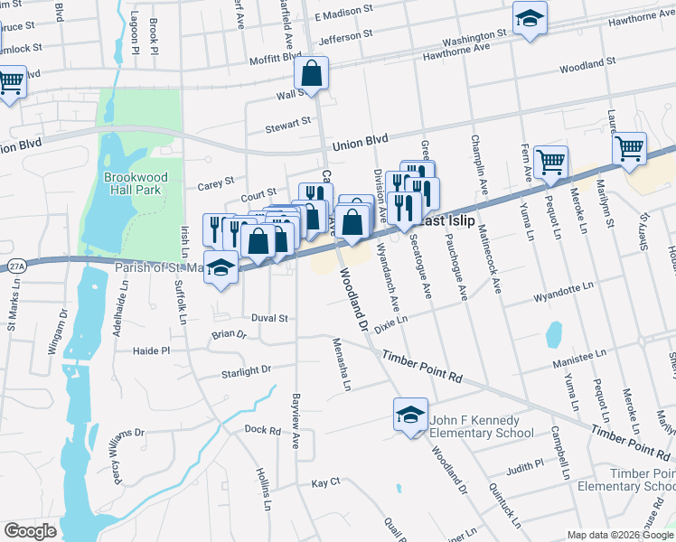 map of restaurants, bars, coffee shops, grocery stores, and more near 5 Tupelo Lane in East Islip