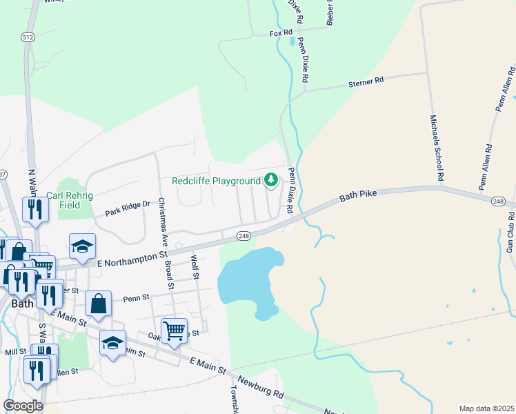 map of restaurants, bars, coffee shops, grocery stores, and more near 3543 Penfield Way in Nazareth