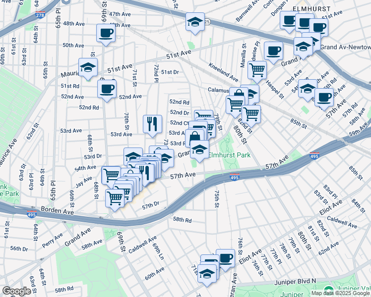 map of restaurants, bars, coffee shops, grocery stores, and more near 73-40 Grand Avenue in Queens