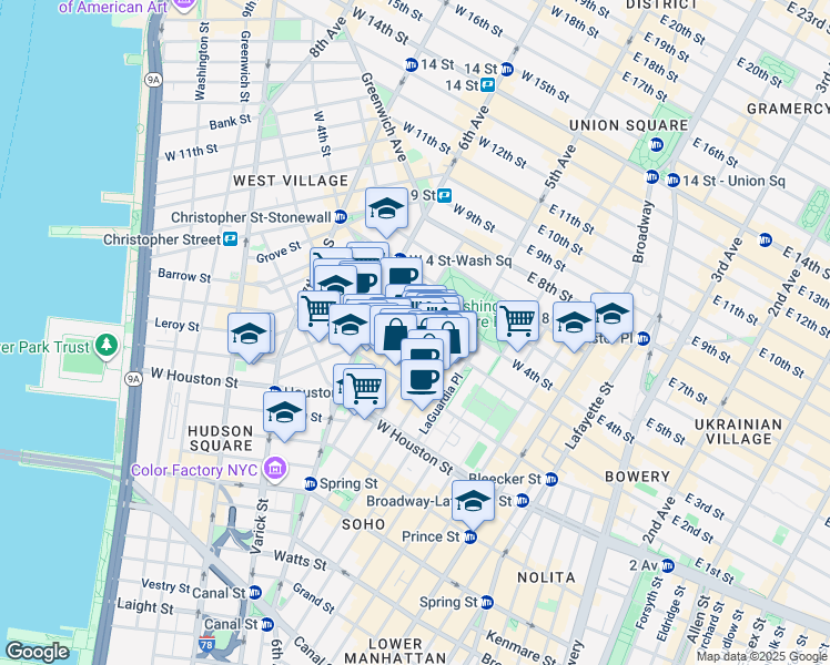 map of restaurants, bars, coffee shops, grocery stores, and more near 110 West 3rd Street in New York